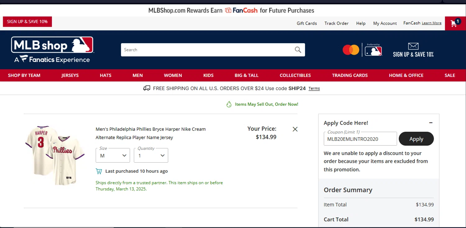Chicago Cubs promo code screenshot showing code MLB20EMLINTRO2020 applied at Chicago Cubs checkout page. Uploaded by SimplyCodes community member juanisaac on Mar 13, 2025