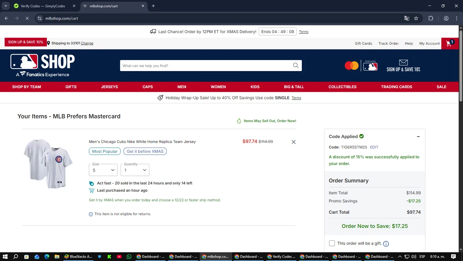 Chicago Cubs checkout page showing Chicago Cubs promo code box | Screenshot taken by SimplyCodes community member on Dec 22, 2025