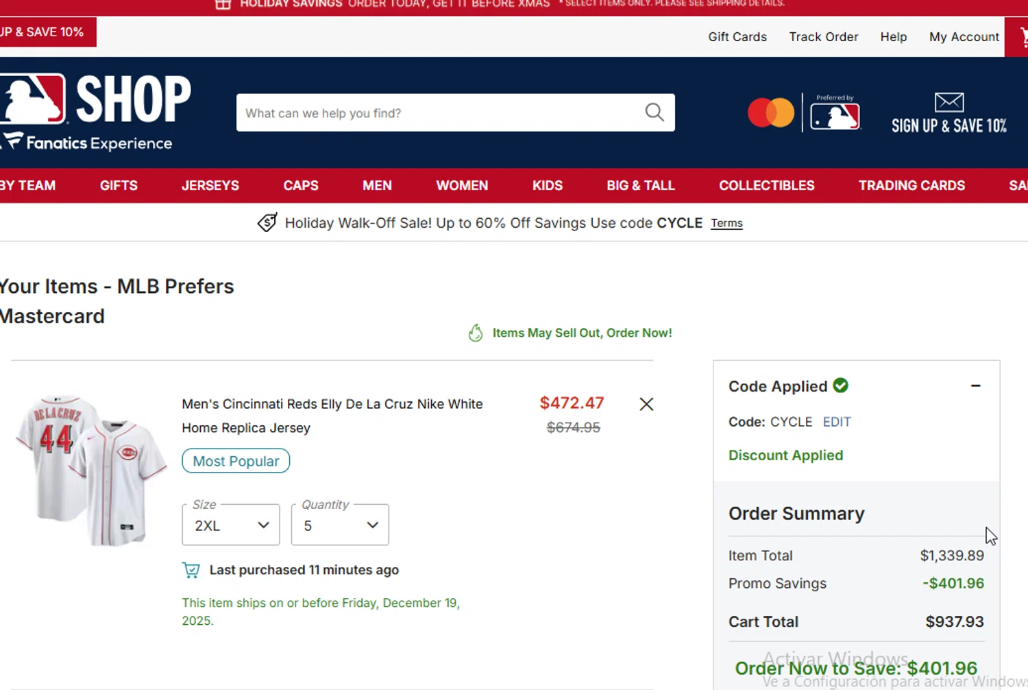 Chicago Cubs promo code screenshot showing code CYCLE applied at Chicago Cubs checkout page. Uploaded by SimplyCodes community member BudgetGuardian5712 on Dec 19, 2025