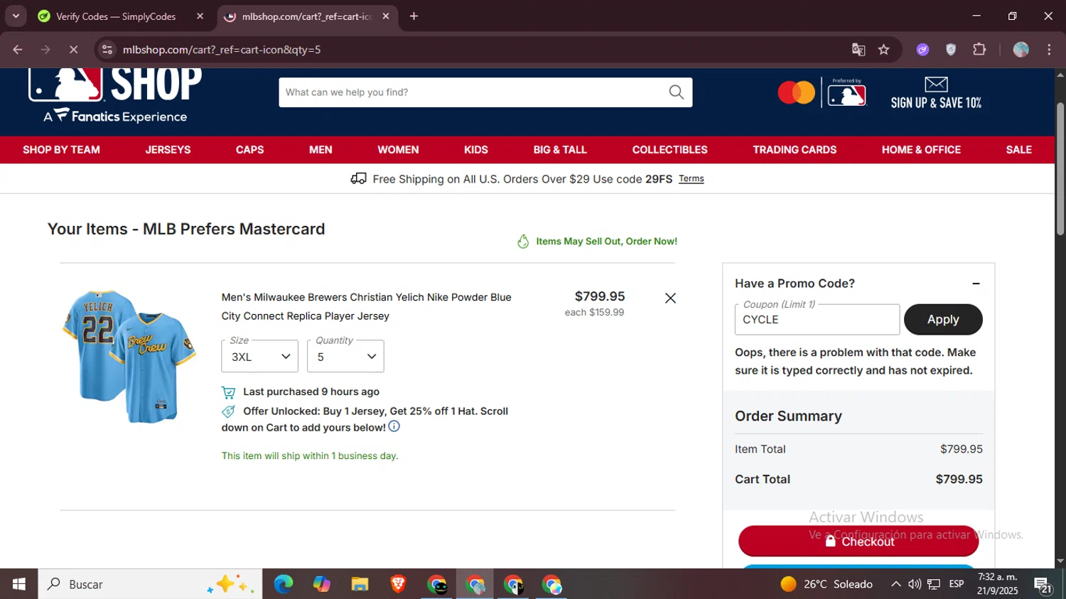 Chicago Cubs promo code screenshot showing code CYCLE applied at Chicago Cubs checkout page. Uploaded by SimplyCodes community member LegendaryPro7106 on Sep 21, 2025