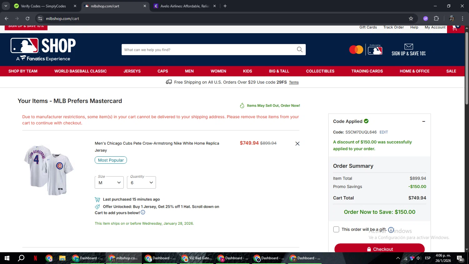 Chicago Cubs checkout page showing Chicago Cubs promo code box | Screenshot taken by SimplyCodes community member on Jan 26, 2026