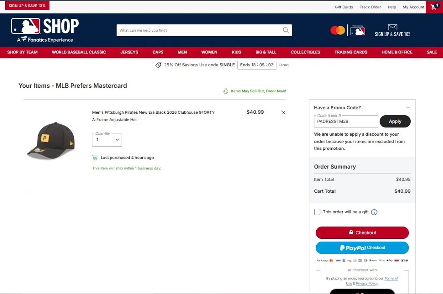 Chicago Cubs checkout page showing Chicago Cubs promo code box | Screenshot taken by SimplyCodes community member on Feb 24, 2026