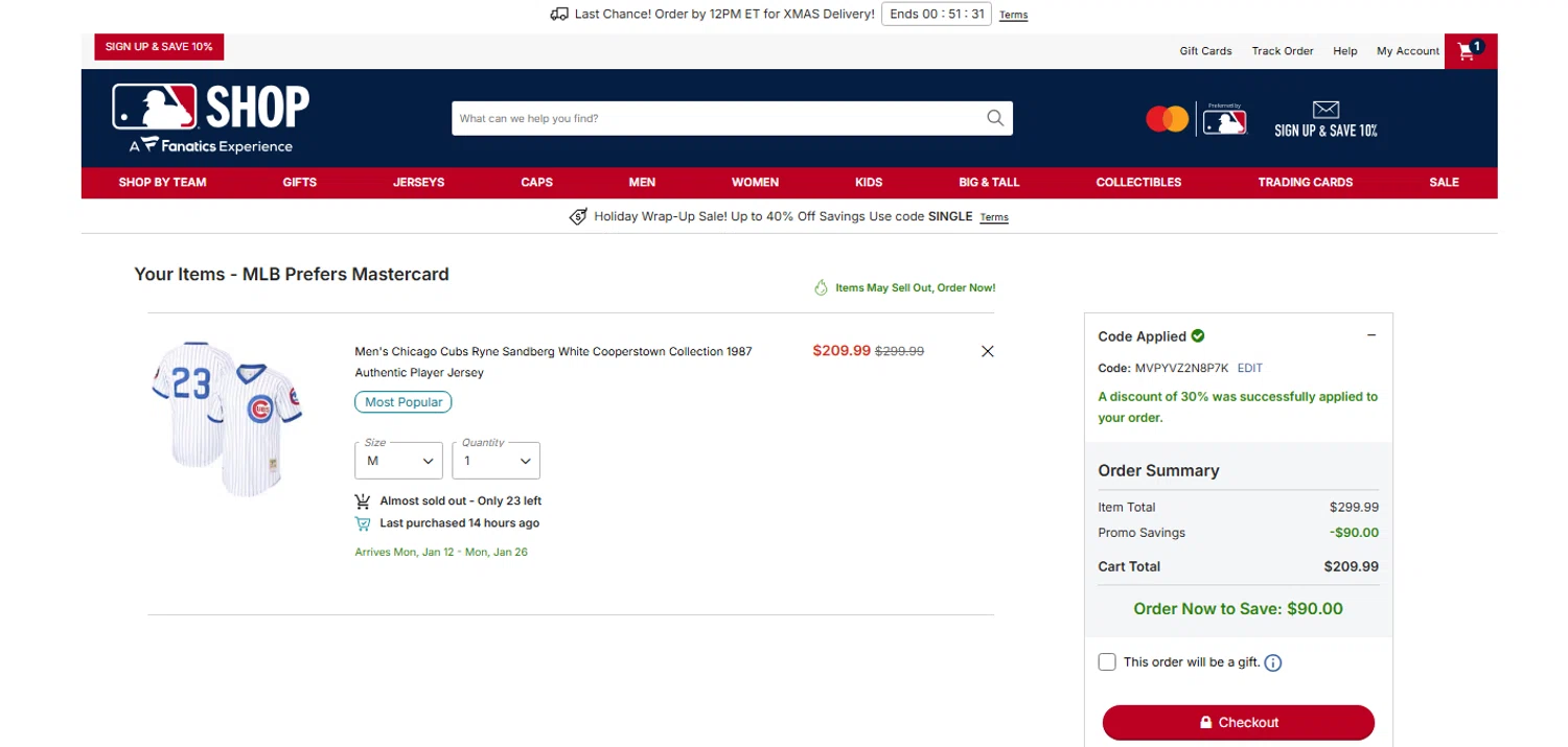 Chicago Cubs promo code screenshot showing code MVPYVZ2N8P7K applied at Chicago Cubs checkout page. Uploaded by SimplyCodes community member OnlywM on Dec 22, 2025