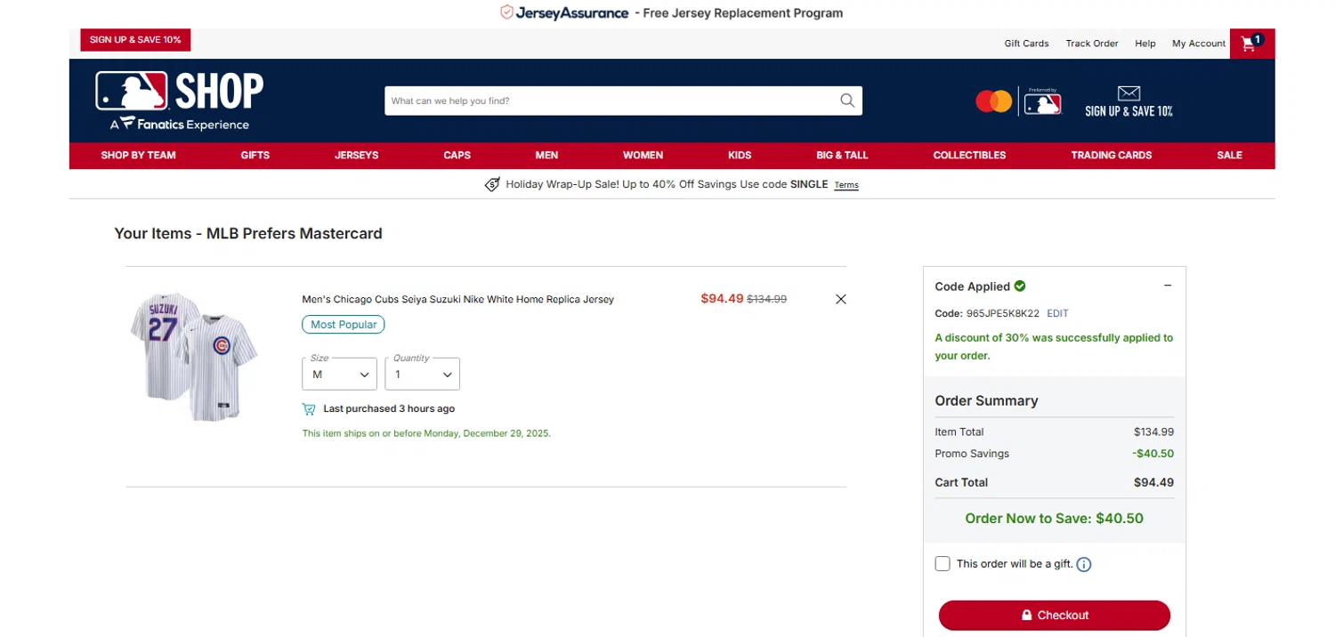 Chicago Cubs promo code screenshot showing code 965JPE5K8K22 applied at Chicago Cubs checkout page. Uploaded by SimplyCodes community member OnlywM on Dec 26, 2025