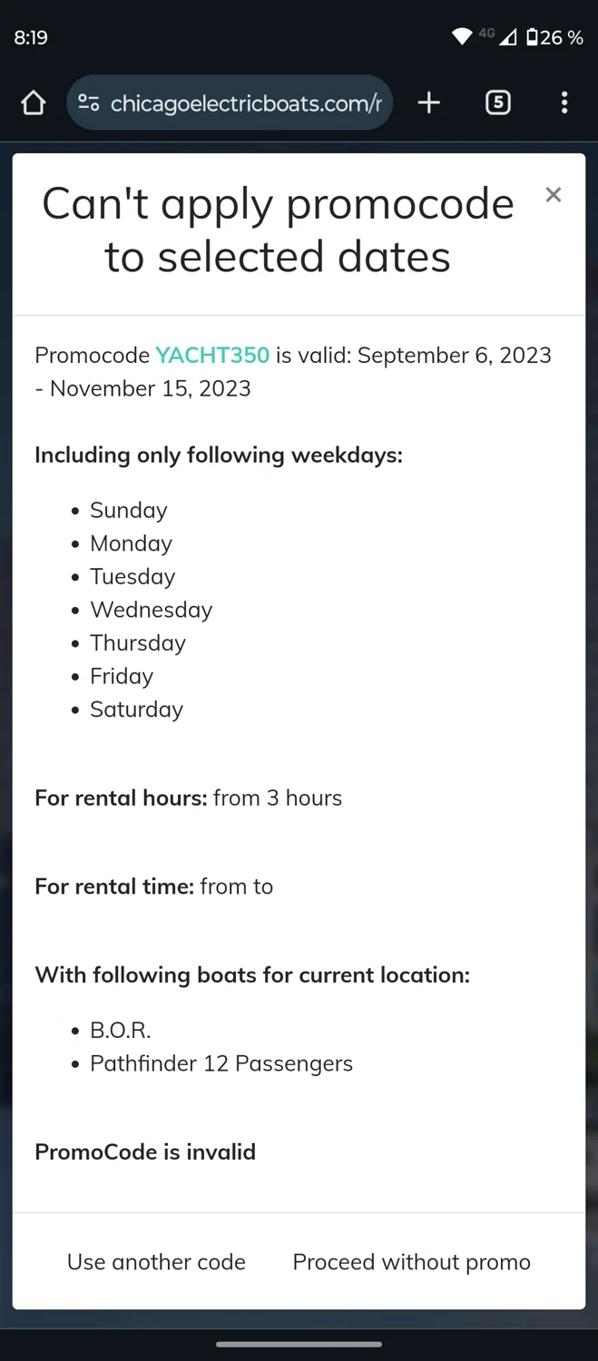 Chicago Electric Boat Company checkout page showing Chicago Electric Boat Company promo code box | Screenshot taken by SimplyCodes community member on Aug 30, 2024