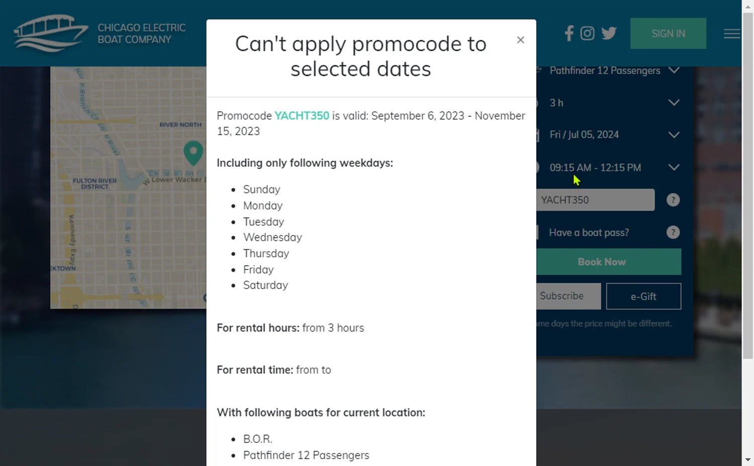 Chicago Electric Boat Company checkout page showing Chicago Electric Boat Company promo code box | Screenshot taken by SimplyCodes community member on Jul 2, 2024