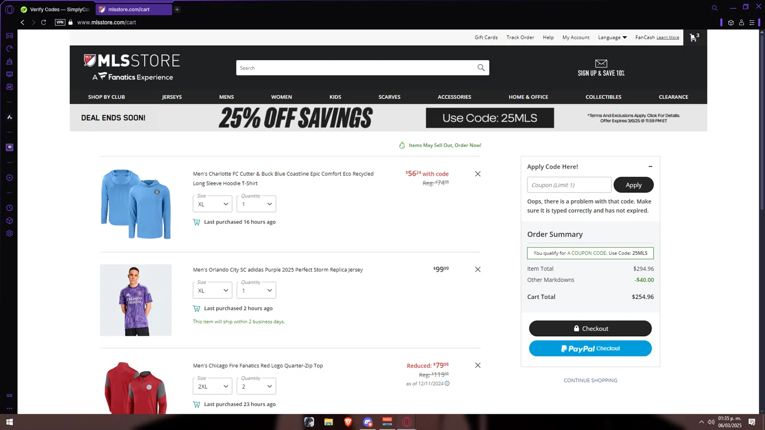 Chicago Fire promo code screenshot showing code 20MLS applied at Chicago Fire checkout page. Uploaded by SimplyCodes community member Anzeer on Mar 6, 2025