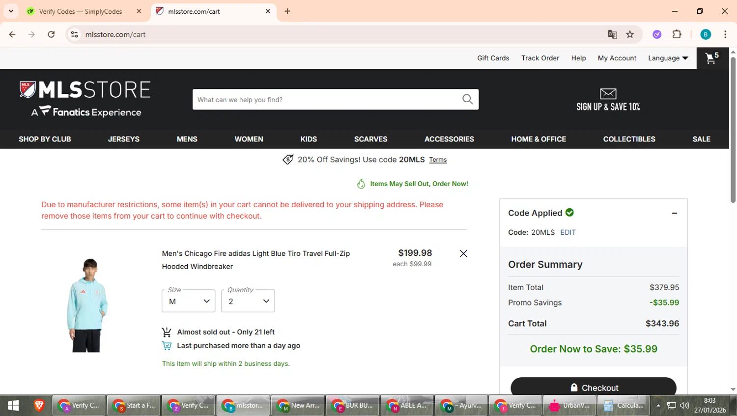 Chicago Fire checkout page showing Chicago Fire promo code box | Screenshot taken by SimplyCodes community member on Jan 27, 2026