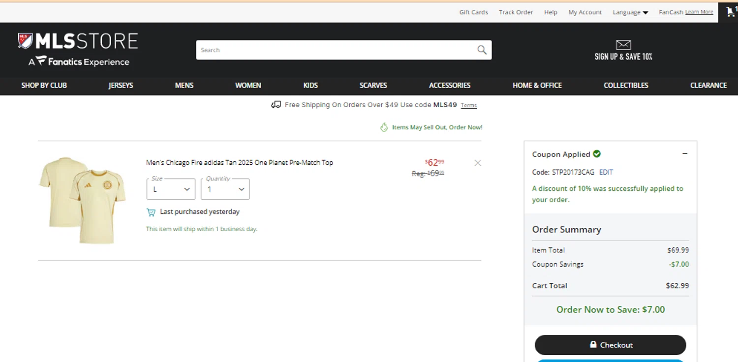 Chicago Fire promo code screenshot showing code STP20173CAG applied at Chicago Fire checkout page. Uploaded by SimplyCodes community member jhonaikellgonzalez on Apr 30, 2025