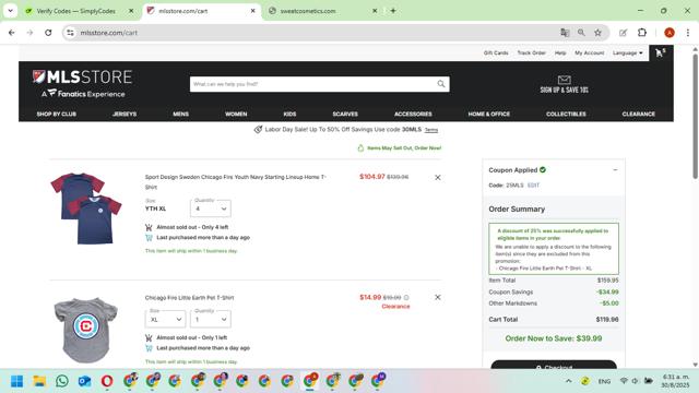 Chicago Fire checkout page showing Chicago Fire promo code box | Screenshot taken by SimplyCodes community member on Aug 30, 2025