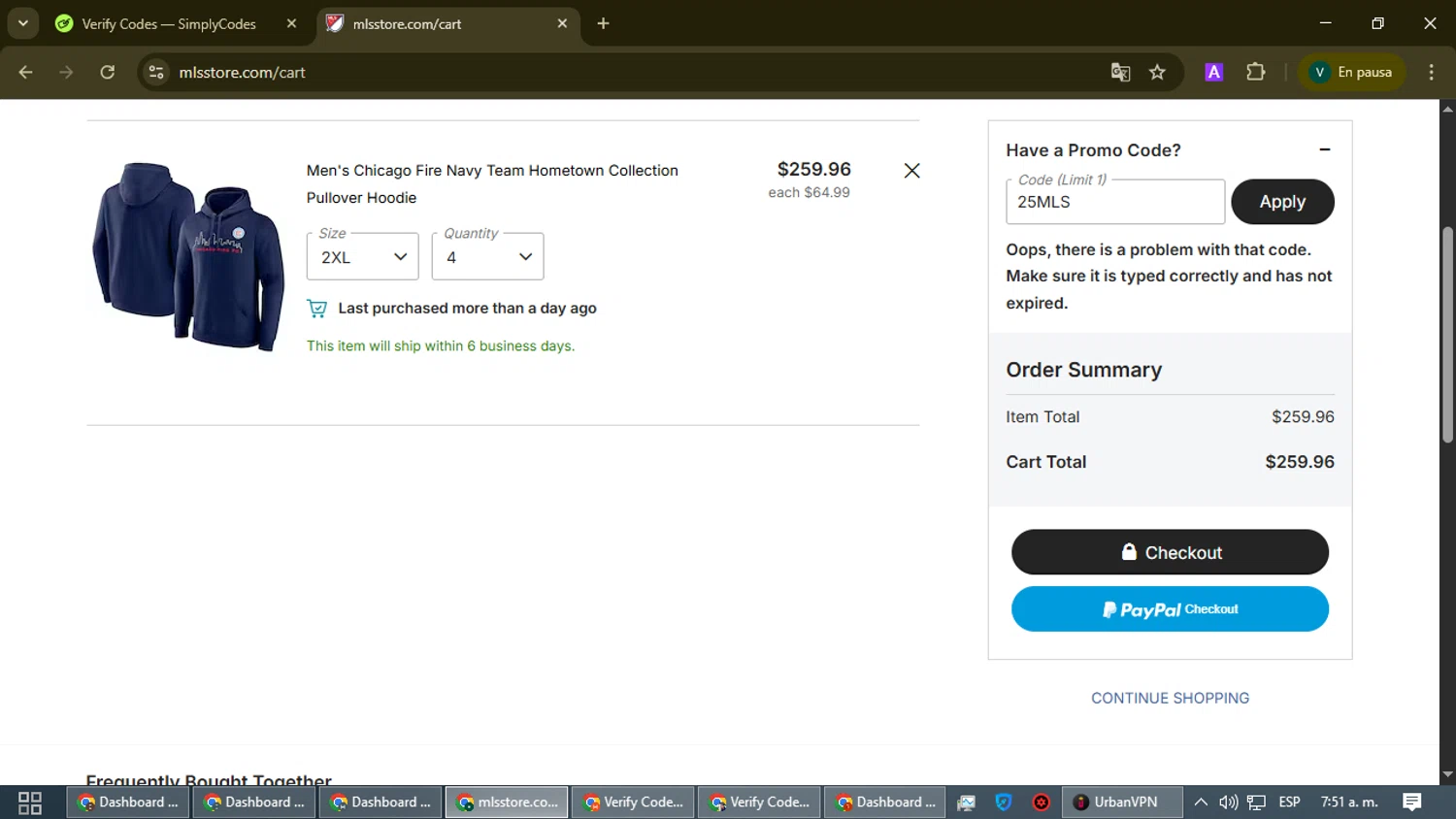 Chicago Fire promo code screenshot showing code 25MLS applied at Chicago Fire checkout page. Uploaded by SimplyCodes community member FrugalHawk8896 on Dec 14, 2025