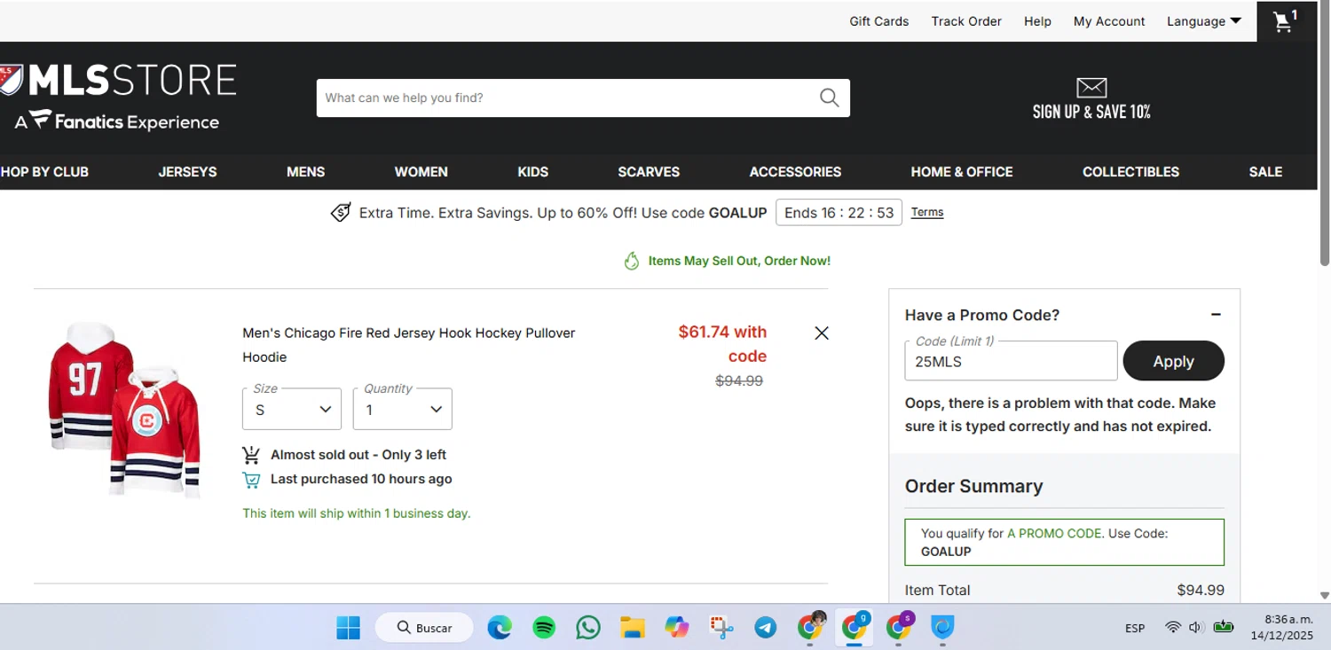 Chicago Fire promo code screenshot showing code 25MLS applied at Chicago Fire checkout page. Uploaded by SimplyCodes community member FrugalVirtuoso6318 on Dec 14, 2025