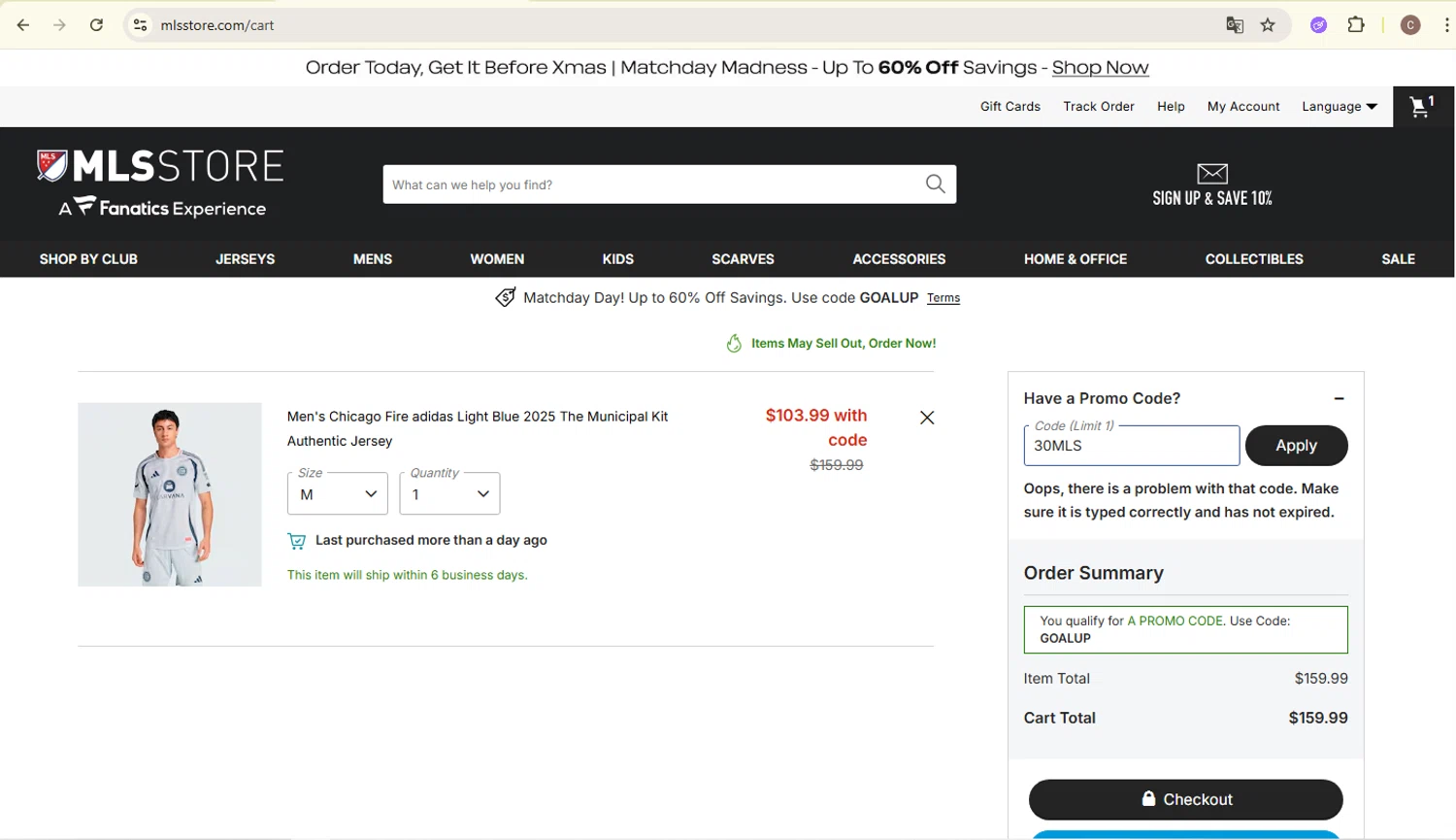 Chicago Fire promo code screenshot showing code 30MLS applied at Chicago Fire checkout page. Uploaded by SimplyCodes community member carlosra07 on Dec 6, 2025