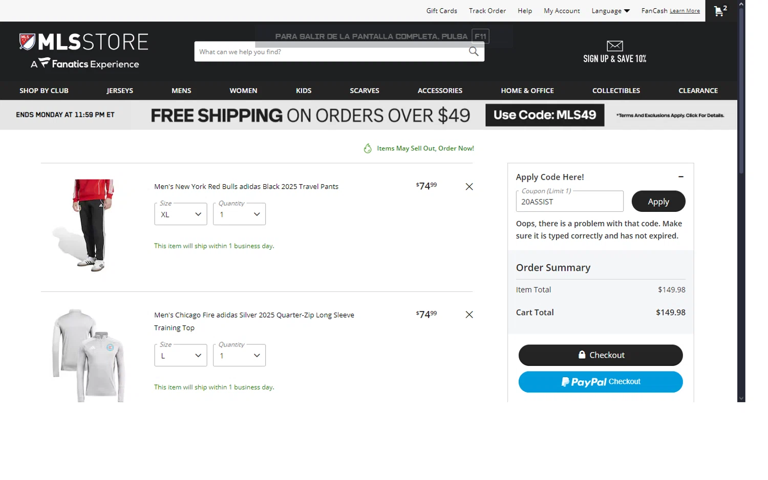 Chicago Fire promo code screenshot showing code 20ASSIST applied at Chicago Fire checkout page. Uploaded by SimplyCodes community member GAPP3003 on Jan 26, 2025
