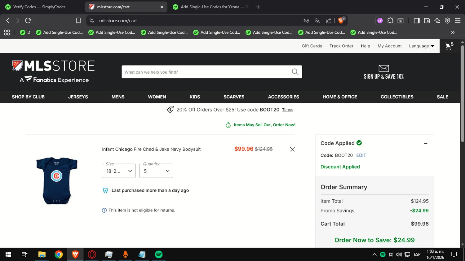 Chicago Fire promo code screenshot showing code BOOT20 applied at Chicago Fire checkout page. Uploaded by SimplyCodes community member Ultrapapu on Jan 16, 2026