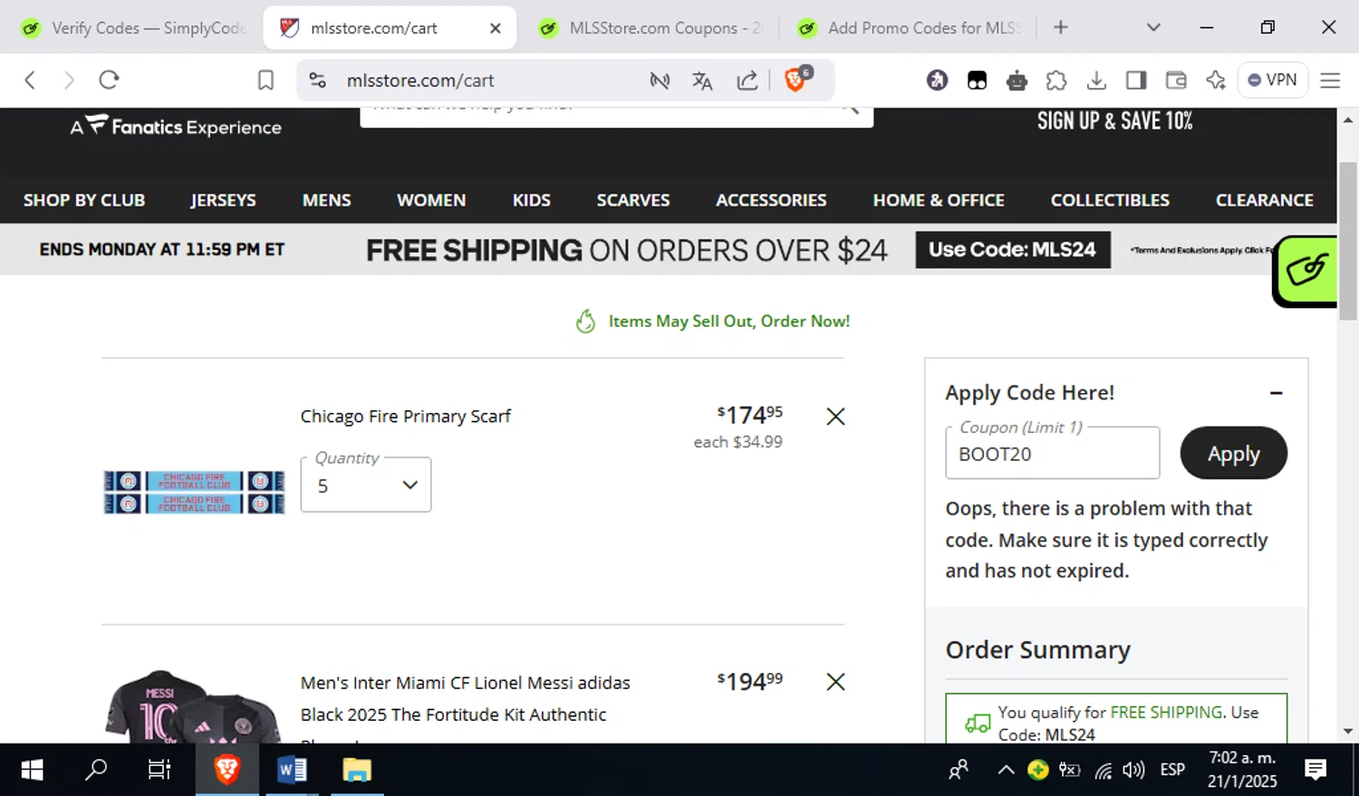 Chicago Fire promo code screenshot showing code BOOT20 applied at Chicago Fire checkout page. Uploaded by SimplyCodes community member othmanmartinez on Jan 21, 2025