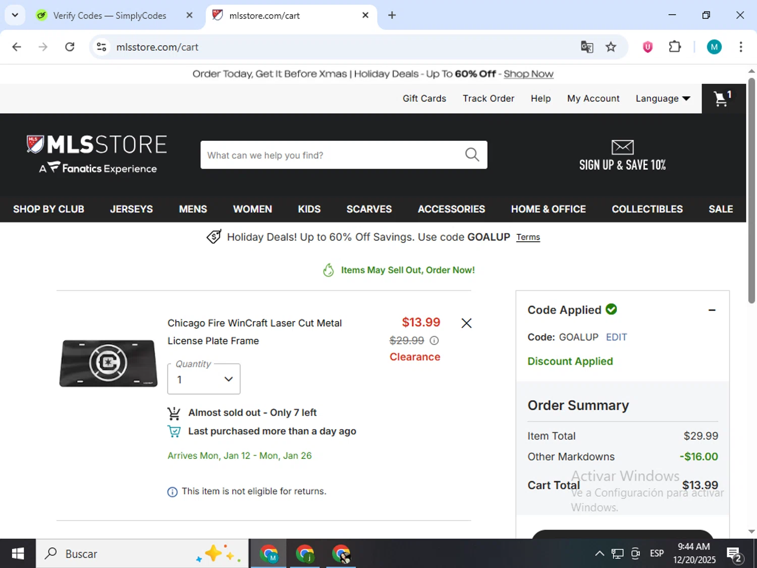 Chicago Fire promo code screenshot showing code GOALUP applied at Chicago Fire checkout page. Uploaded by SimplyCodes community member estrellaveloz on Dec 20, 2025