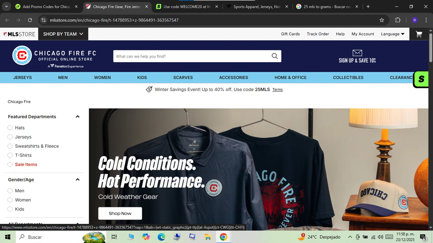 Chicago Fire promo code screenshot showing code 25MLS applied at Chicago Fire checkout page. Uploaded by SimplyCodes community member RAFV1111 on Dec 24, 2025