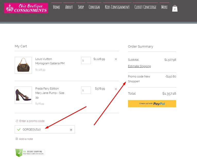 Chic Boutique Consignments checkout page showing Chic Boutique Consignments promo code box | Screenshot taken by SimplyCodes community member on Jul 14, 2020