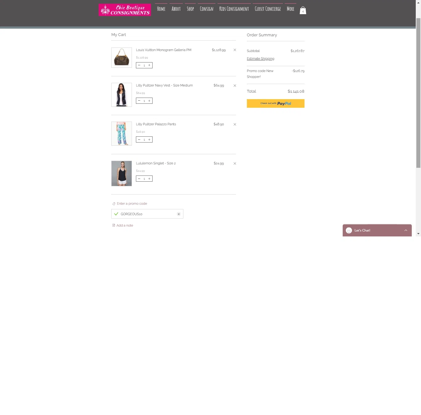 Chic Boutique Consignments checkout page showing Chic Boutique Consignments promo code box | Screenshot taken by SimplyCodes community member on Aug 18, 2020