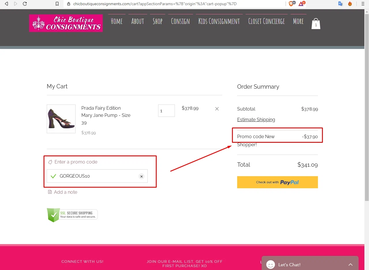 Chic Boutique Consignments checkout page showing Chic Boutique Consignments promo code box | Screenshot taken by SimplyCodes community member on Jul 20, 2020