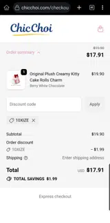 10XIZE coupon verification screenshot