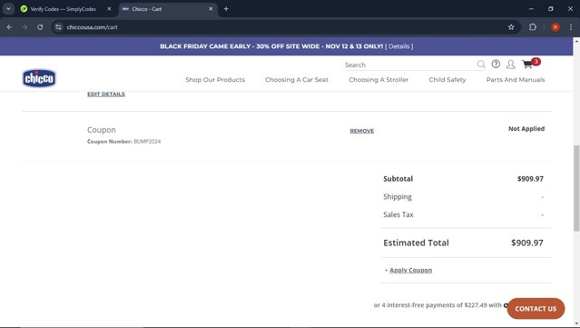 Chicco checkout page showing Chicco coupon code box | Screenshot taken by SimplyCodes community member on Nov 13, 2024