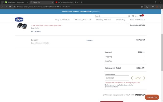 Chicco checkout page showing Chicco coupon code box | Screenshot taken by SimplyCodes community member on Sep 19, 2024