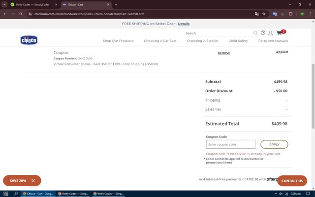 Chicco checkout page showing Chicco coupon code box | Screenshot taken by SimplyCodes community member on Sep 26, 2024