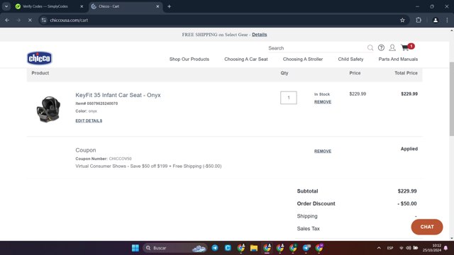 Chicco checkout page showing Chicco coupon code box | Screenshot taken by SimplyCodes community member on Oct 25, 2024