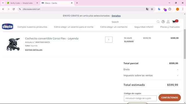 Chicco checkout page showing Chicco coupon code box | Screenshot taken by SimplyCodes community member on Oct 19, 2024