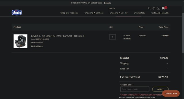 Chicco checkout page showing Chicco coupon code box | Screenshot taken by SimplyCodes community member on Oct 19, 2024