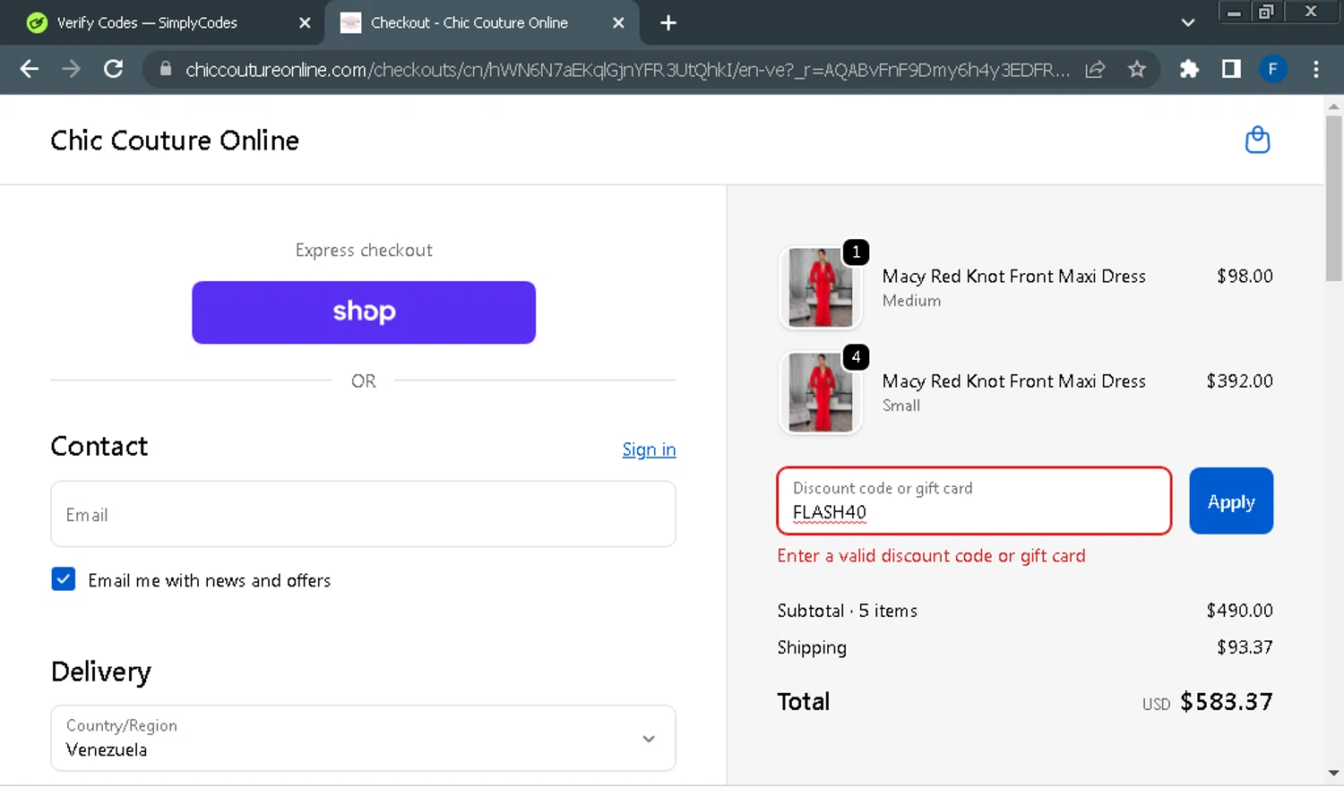 Chic Couture Online promo code screenshot showing code FLASH40 applied at Chic Couture Online checkout page. Uploaded by SimplyCodes community member Fraimer on Dec 13, 2025