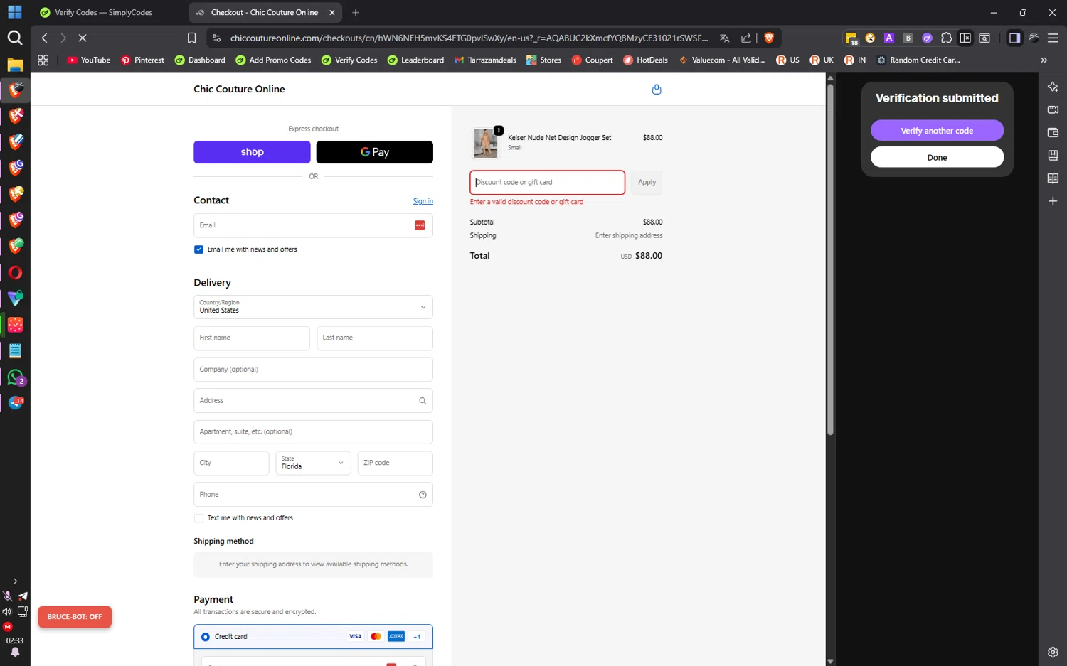 Chic Couture Online promo code screenshot showing code FLASH40 applied at Chic Couture Online checkout page. Uploaded by SimplyCodes community member ilarrazaM1 on Dec 13, 2025