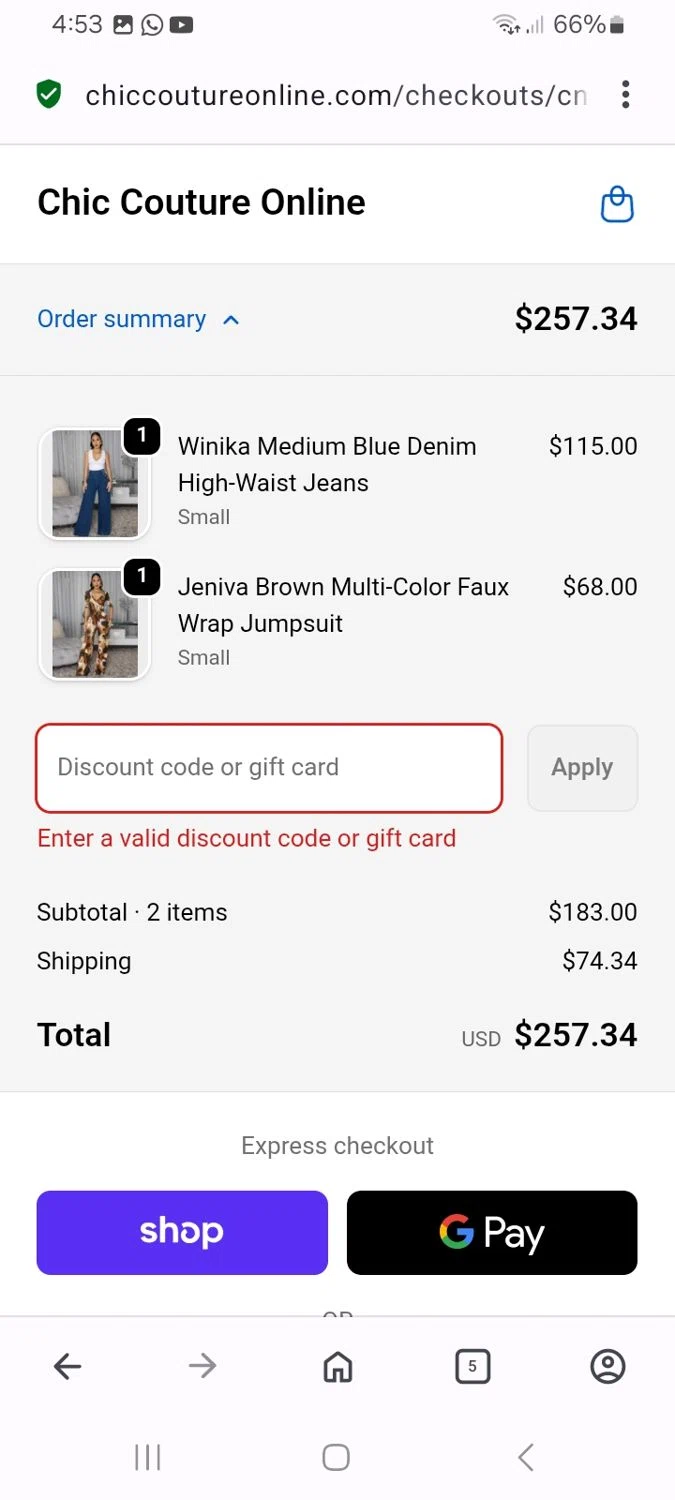 Chic Couture Online promo code screenshot showing code DISCOUNT40 applied at Chic Couture Online checkout page. Uploaded by SimplyCodes community member MoneyMaven5115 on Nov 16, 2025