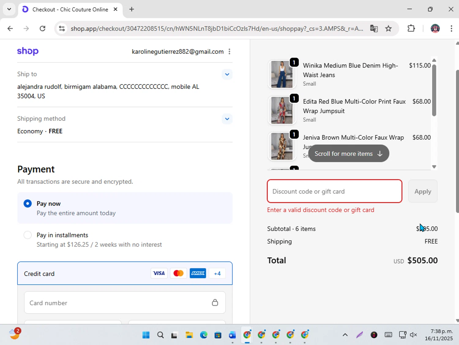 Chic Couture Online promo code screenshot showing code DISCOUNT40 applied at Chic Couture Online checkout page. Uploaded by SimplyCodes community member karoline on Nov 16, 2025