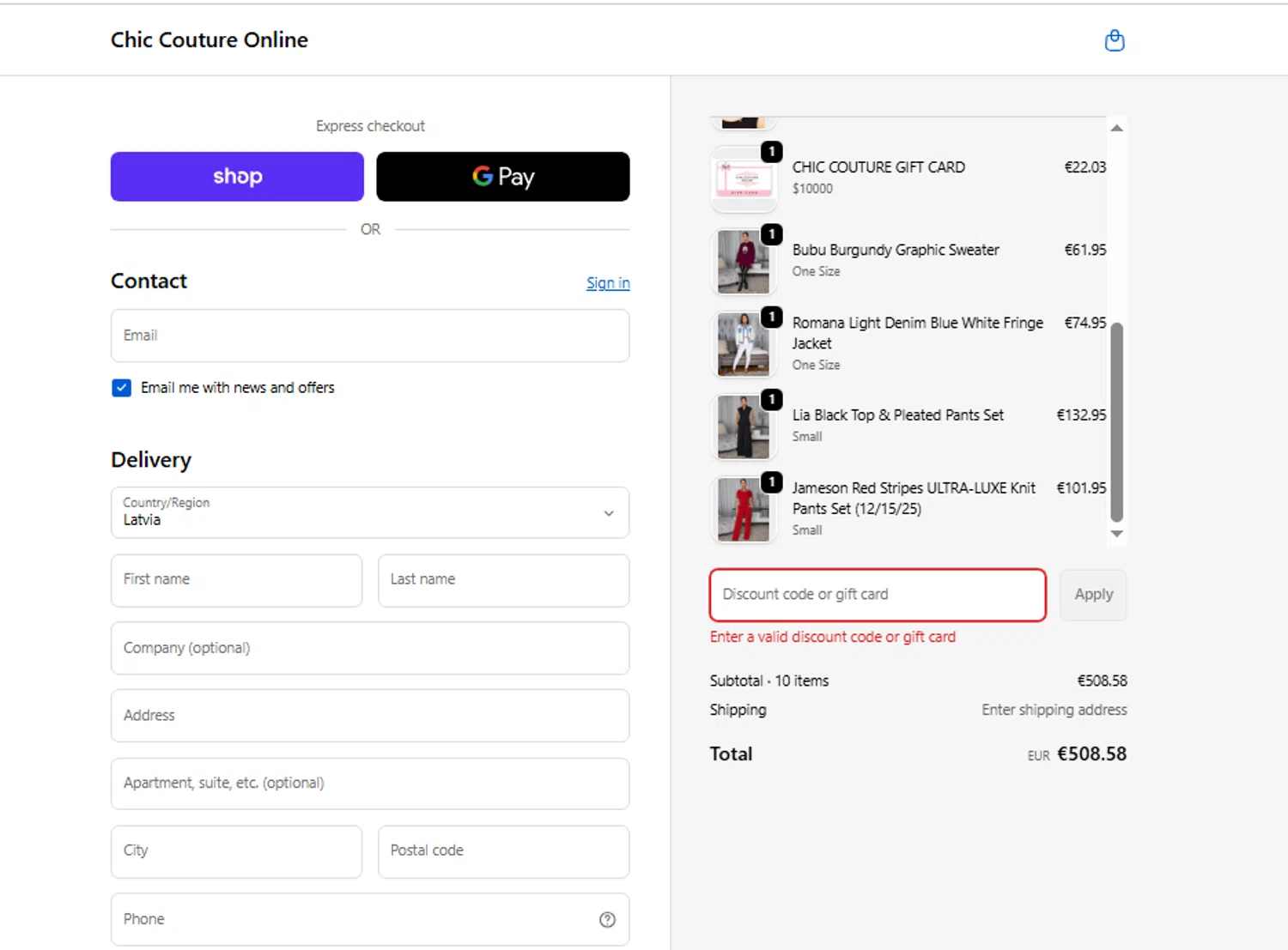 Chic Couture Online promo code screenshot showing code EARLY50 applied at Chic Couture Online checkout page. Uploaded by SimplyCodes community member Menotii23 on Nov 22, 2025