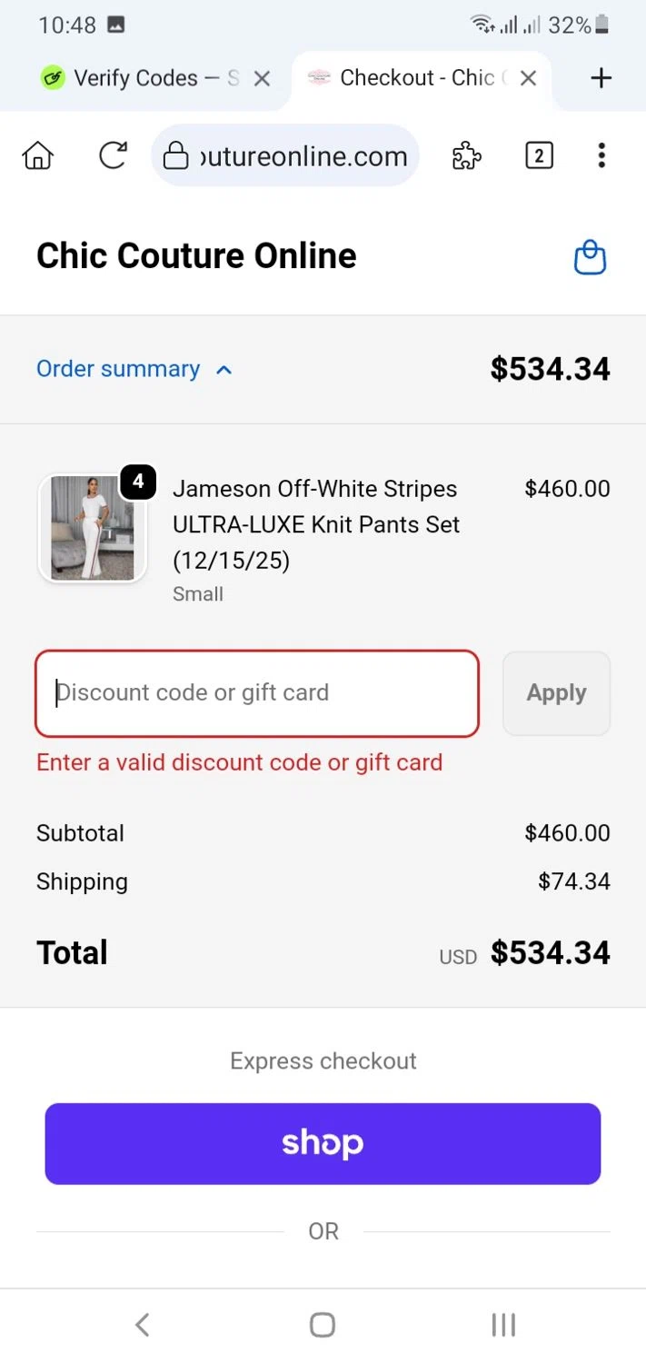 Chic Couture Online promo code screenshot showing code EARLY50 applied at Chic Couture Online checkout page. Uploaded by SimplyCodes community member menotychire on Nov 22, 2025