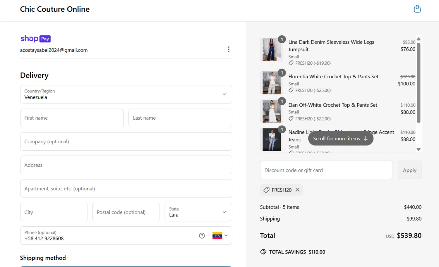 Chic Couture Online promo code screenshot showing code FRESH20 applied at Chic Couture Online checkout page. Uploaded by SimplyCodes community member Gray_75 on Jun 24, 2025