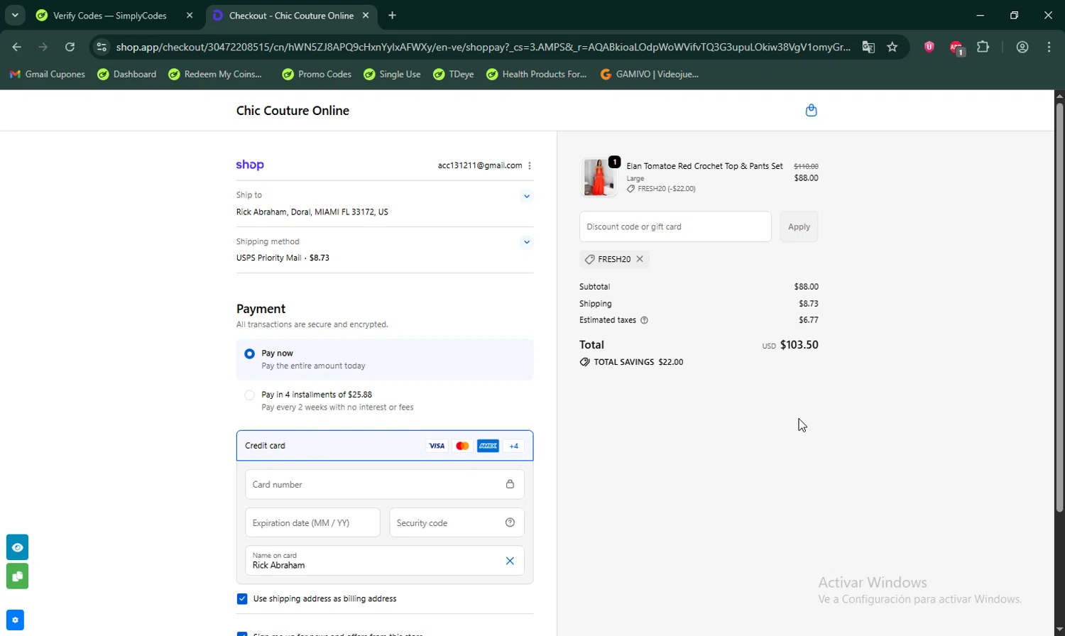 Chic Couture Online promo code screenshot showing code FRESH20 applied at Chic Couture Online checkout page. Uploaded by SimplyCodes community member LHaunter on Nov 22, 2025