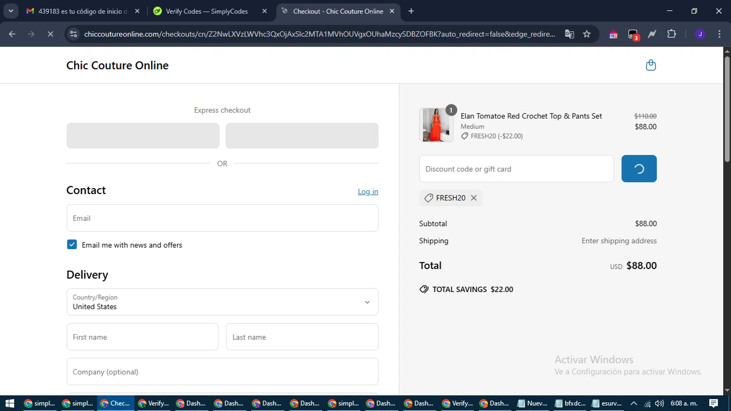 Chic Couture Online promo code screenshot showing code FRESH20 applied at Chic Couture Online checkout page. Uploaded by SimplyCodes community member LegendaryLegend9872 on May 26, 2025