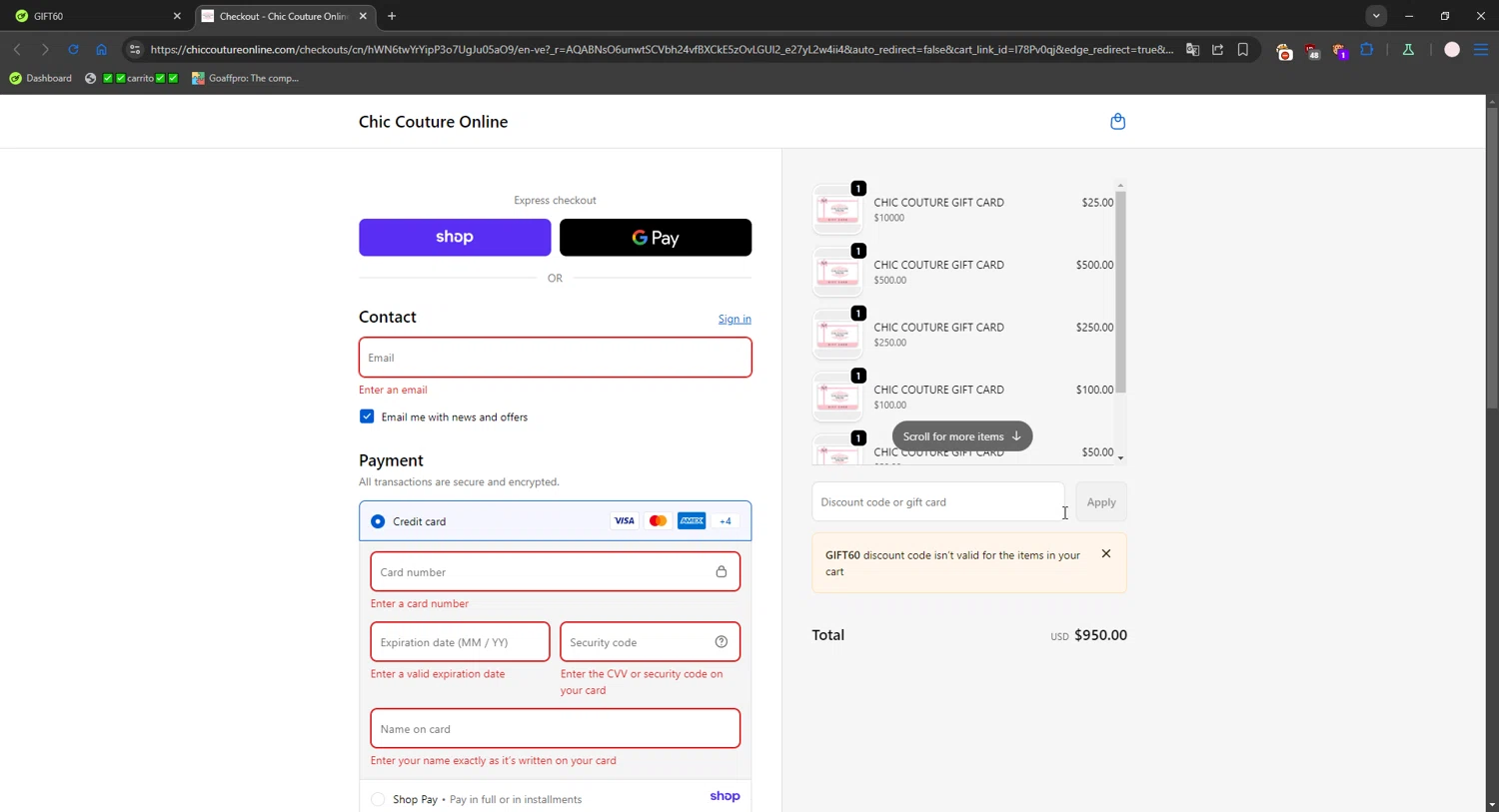 Chic Couture Online checkout page showing Chic Couture Online promo code box | Screenshot taken by SimplyCodes community member on Dec 27, 2025