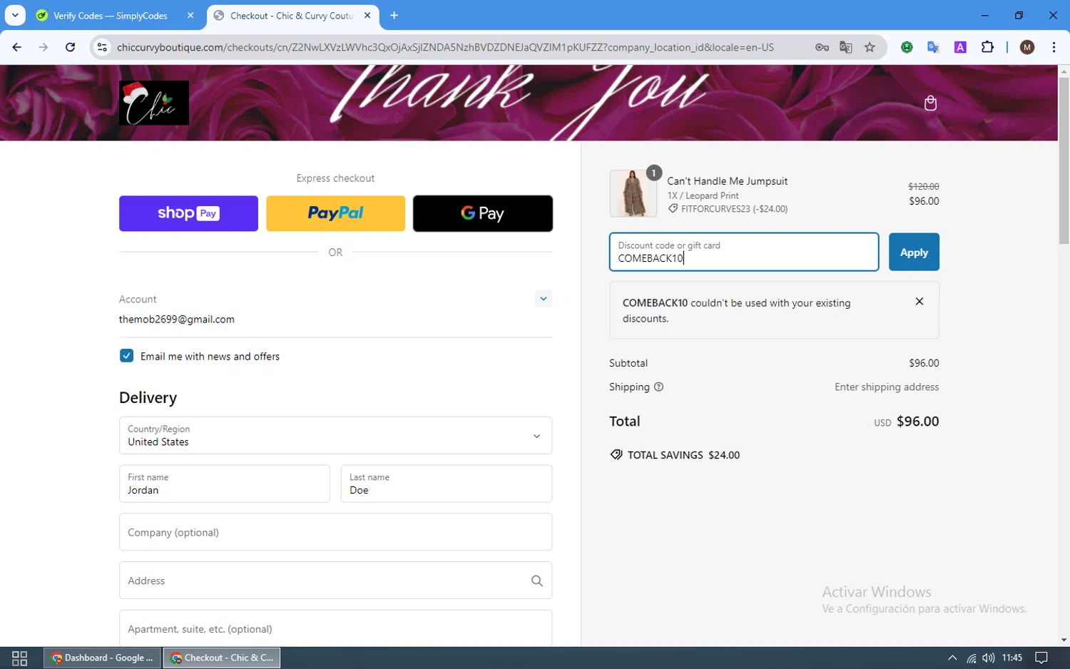 Chic & Curvy Couture Boutique checkout page showing Chic & Curvy Couture Boutique promo code box | Screenshot taken by SimplyCodes community member on Oct 11, 2024