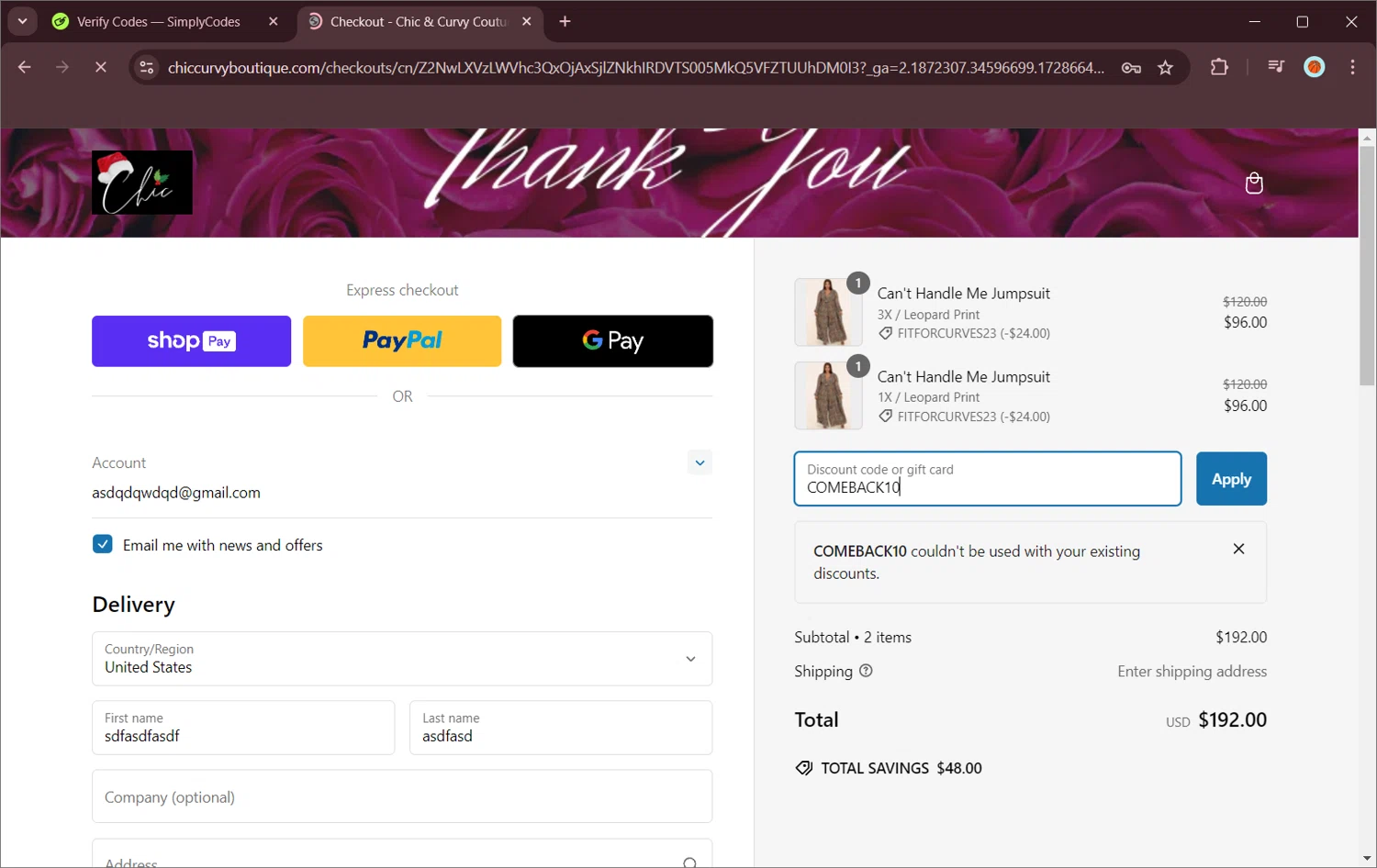 Chic & Curvy Couture Boutique checkout page showing Chic & Curvy Couture Boutique promo code box | Screenshot taken by SimplyCodes community member on Oct 11, 2024