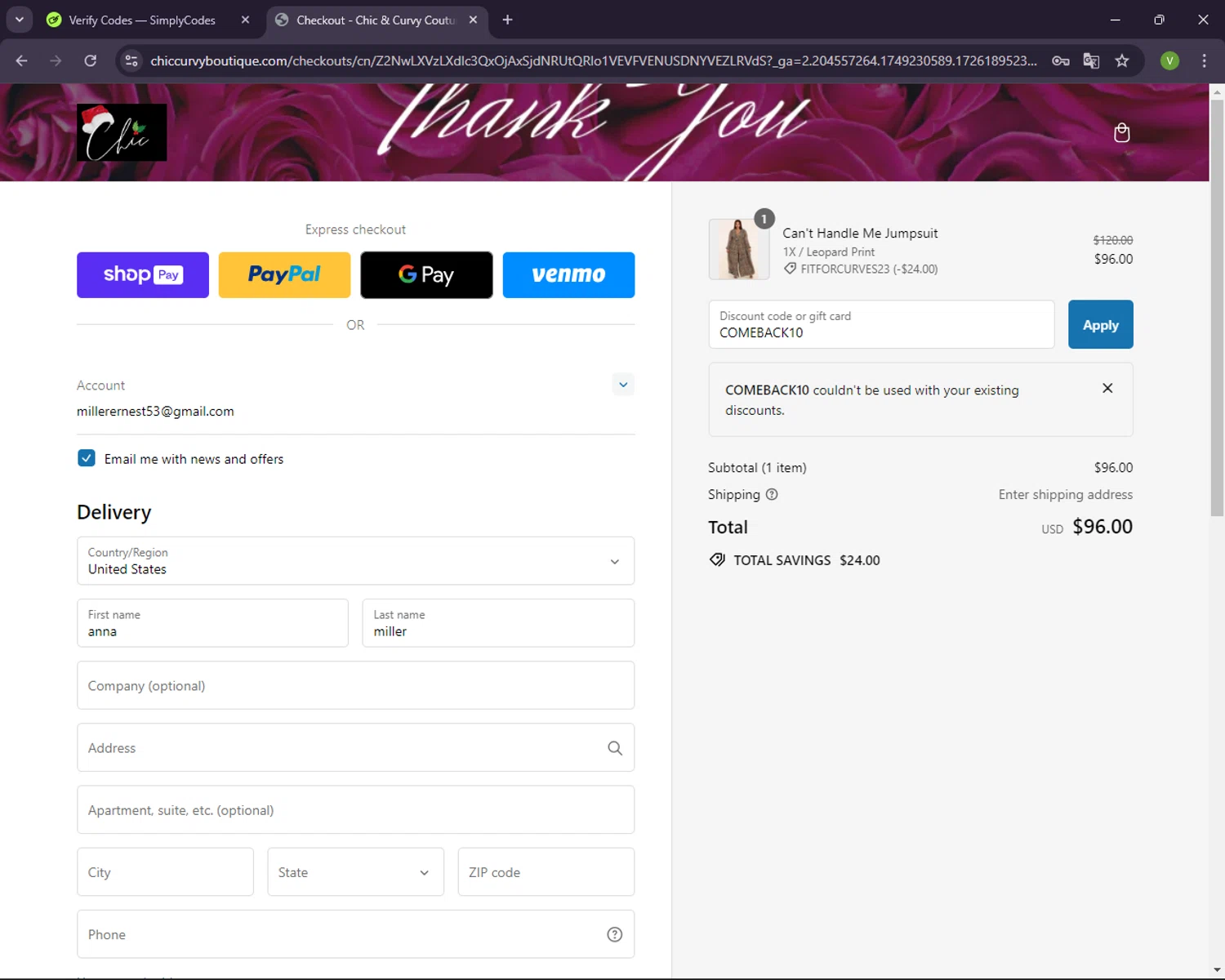 Chic & Curvy Couture Boutique checkout page showing Chic & Curvy Couture Boutique promo code box | Screenshot taken by SimplyCodes community member on Sep 13, 2024