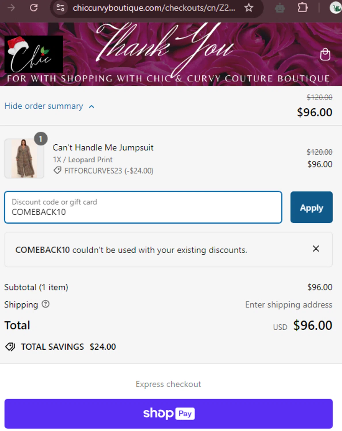 Chic & Curvy Couture Boutique checkout page showing Chic & Curvy Couture Boutique promo code box | Screenshot taken by SimplyCodes community member on Sep 13, 2024