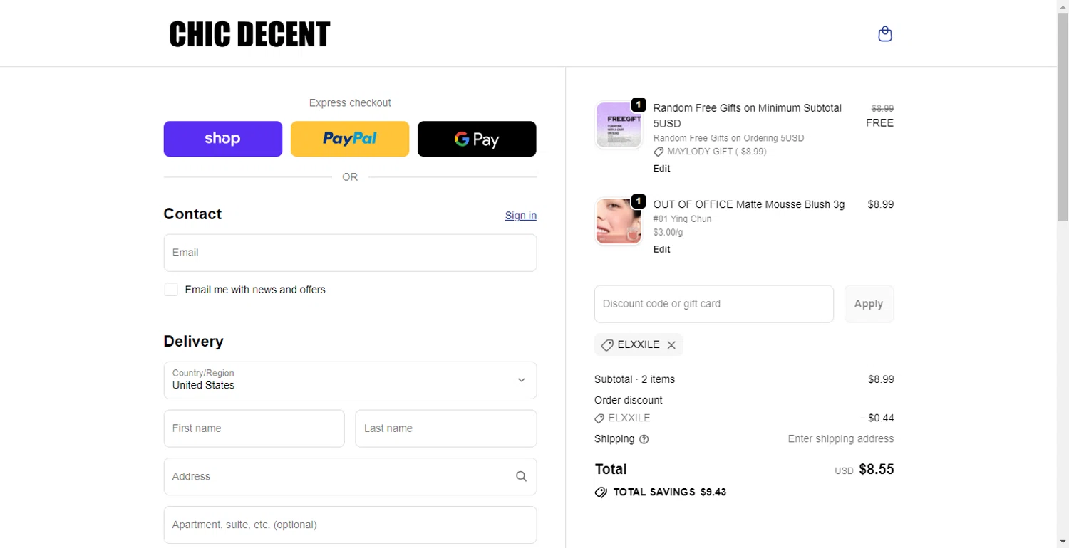 Chic Decent promo code screenshot showing code ELXXILE applied at Chic Decent checkout page. Uploaded by SimplyCodes community member ShieldLion4225 on Nov 13, 2025