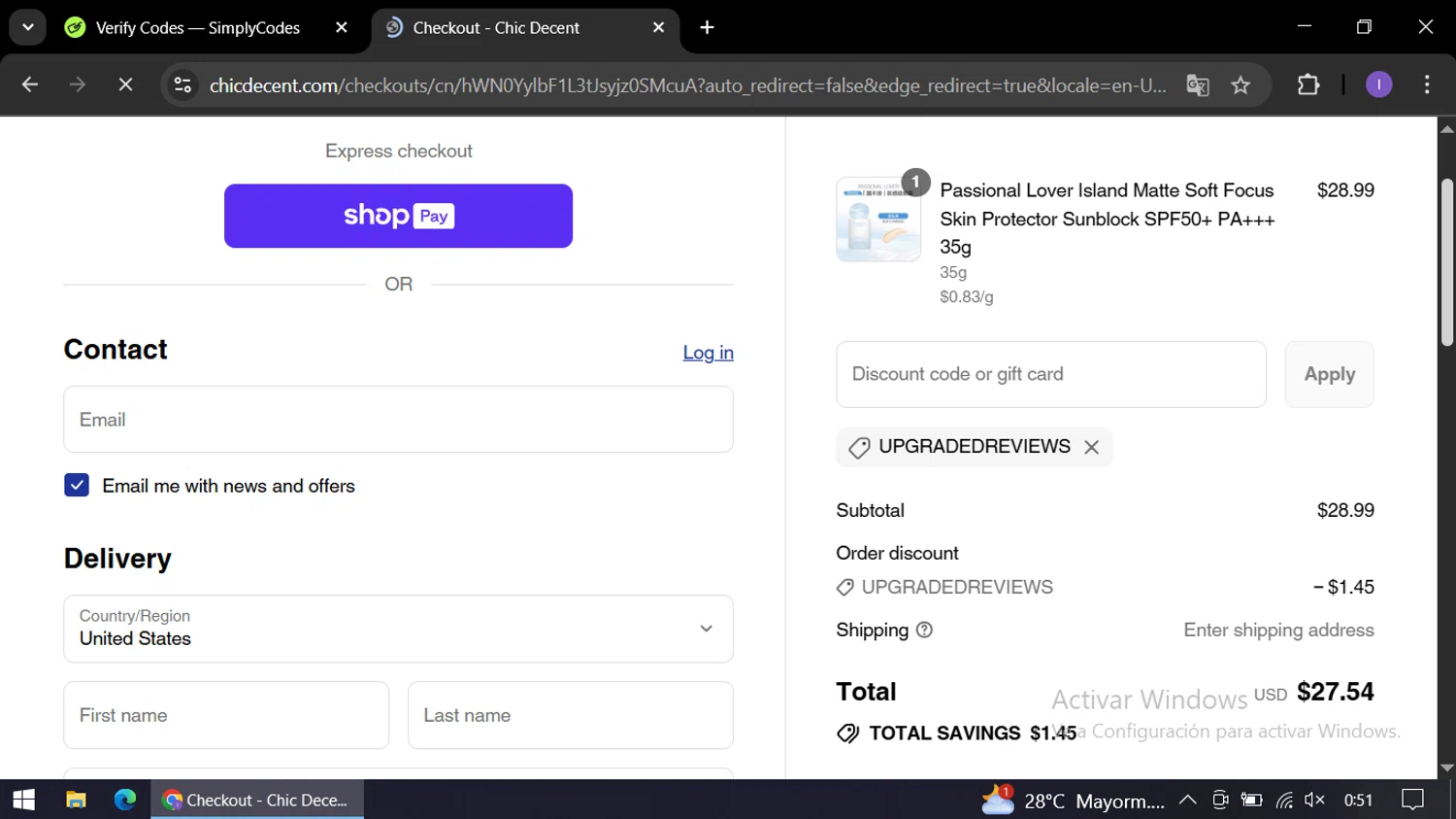 Chic Decent promo code screenshot showing code UPGRADEDREVIEWS applied at Chic Decent checkout page. Uploaded by SimplyCodes community member AGP44456545 on Jul 13, 2025