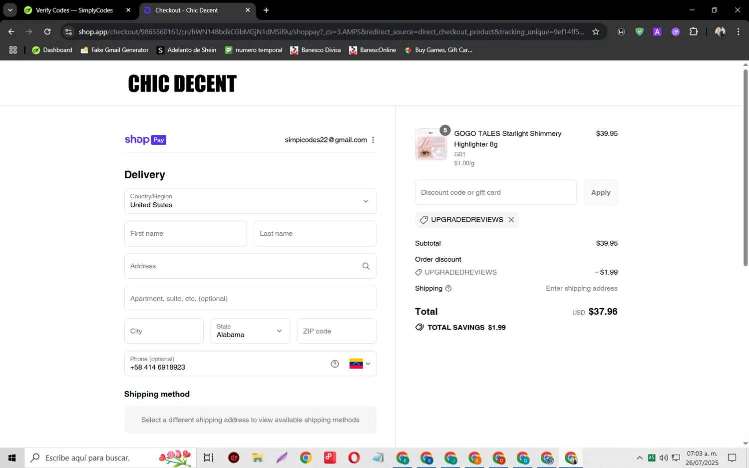 Chic Decent promo code screenshot showing code UPGRADEDREVIEWS applied at Chic Decent checkout page. Uploaded by SimplyCodes community member jeysosmoore on Jul 26, 2025
