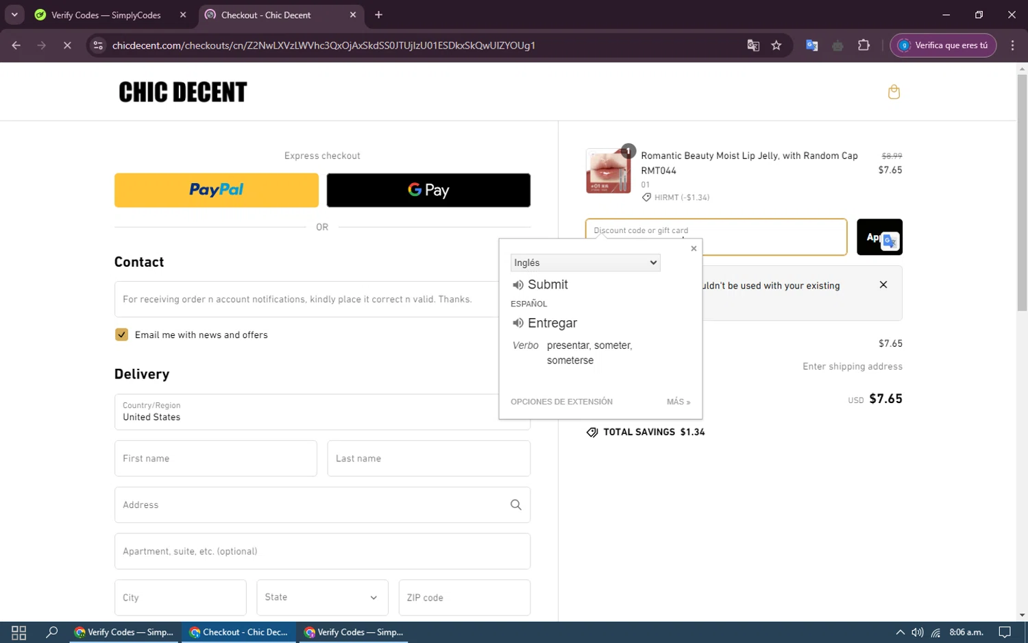 Chic Decent promo code screenshot showing code UPGRADEDREVIEWS applied at Chic Decent checkout page. Uploaded by SimplyCodes community member kuromii on Jan 4, 2025
